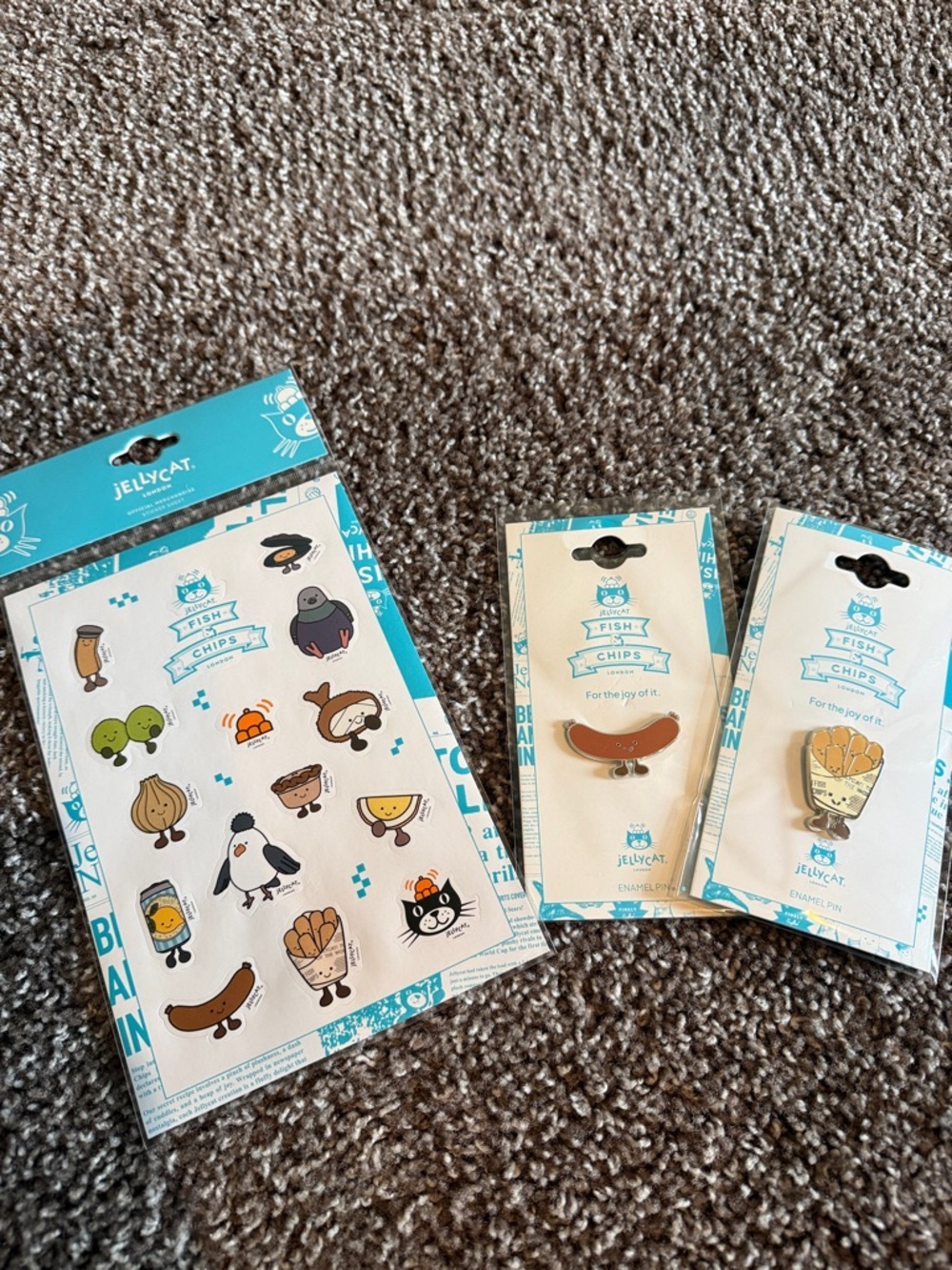 NWT Jellycat London Fish & Chips Enamel Pins & Sticker Sheet